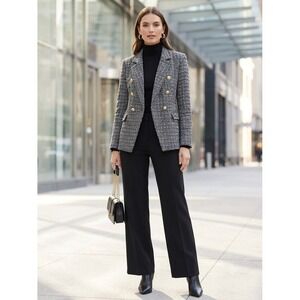 Nanette Lepore Black White Tweed Double Breasted Blazer Gold Crest Buttons 10